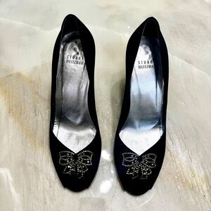 Stuart Weitzman black crepe heel with rhinestone bow